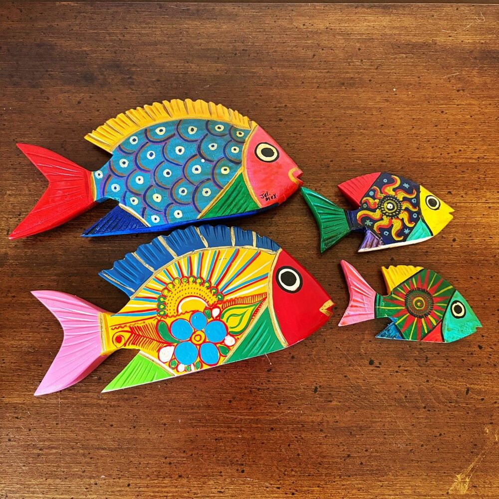 Hand Painted Tropical Fish Wood Carving Colorful Folk Art Wooden Figurine Mexico
